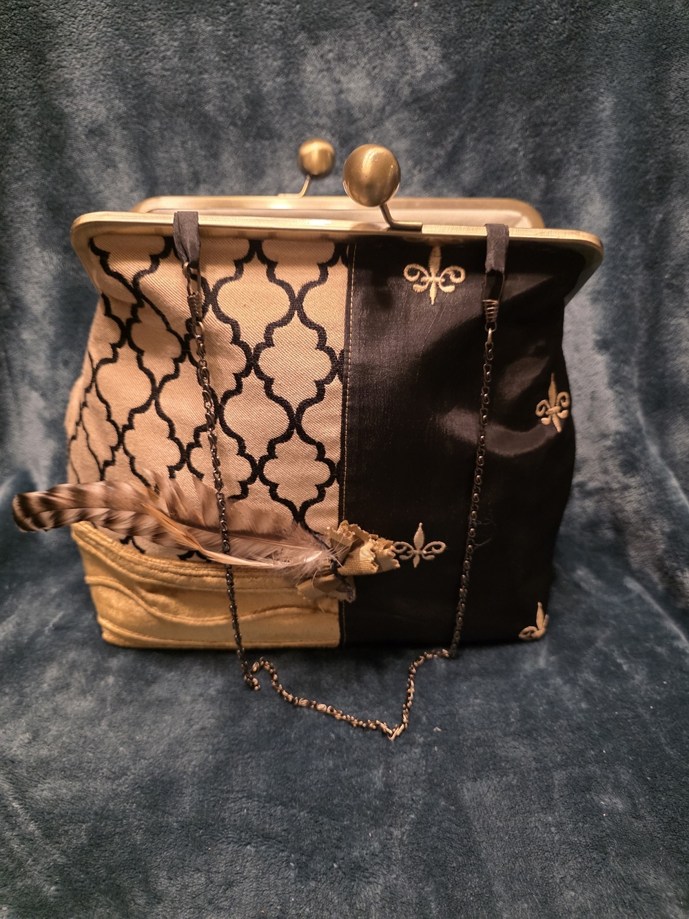 Vintage Black and Cream Frame-Top Clutch with Gold Accents